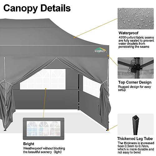 Image of COBIZI 10x20 Pop Up Canopy Tent with 6 Sidewalls,Heavy Duty Canopy,Gray