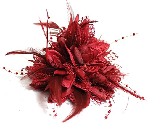 Caprilite Flower Feather Bead Corsage Hair Clips Fascinator Hairband and Pin (Burgundy)