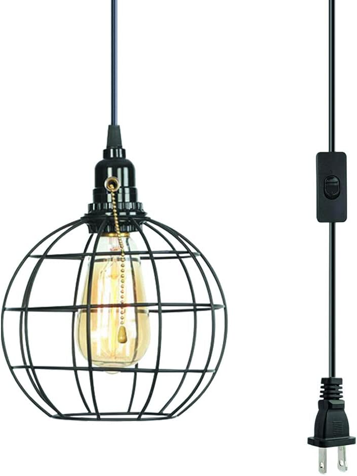 Plug in Pull Chain Pendatn Light Industrial Farmhouse Black Finish Ceiling Light Fixture 15ft Adjustable Cord and On/Off Switch Pull String Global Hanging Lighting for Kitchen Island Garage E26 Base