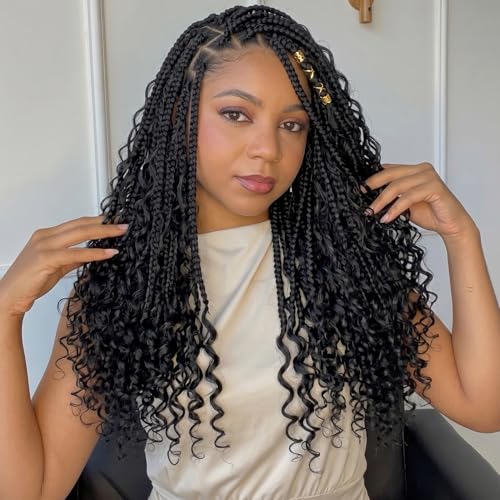 COOKOO 18 Inch Goddess Box Braids Crochet Hair 8 Pack Bohemian Hippie Box Braids Crochet Hair with Curly Ends Synthetic Crochet Braiding Hair for Black Women 1B#