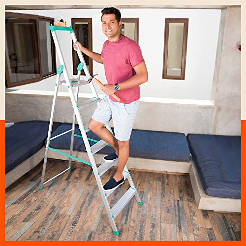 Image of Bathla Elevate 7-Step Foldable Aluminium Ladder for Home with Tool Tray | Anti-Skid | Durable, Heavy Duty, Safe & Stylish | 5-Year Warranty | Teal