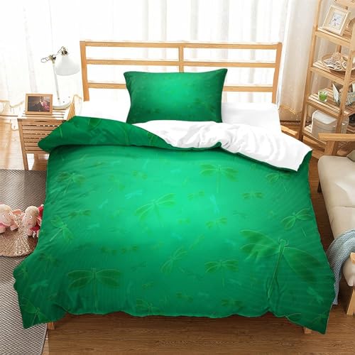Parure de lit 3 pièces single avec housse de couette imprimée 3D verte et taies - 3