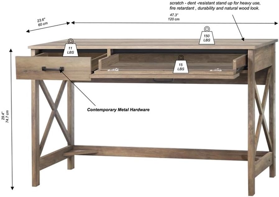 Pemberly Row Contemporary Wood Writing Desk, 47" Wide, Rustic Oak Finish, Modern Farmhouse Style, X-Brace Accents, 2 Drawers with Storage, Scratch-Resistant Laminate, Compact Workspace for Bedroom or