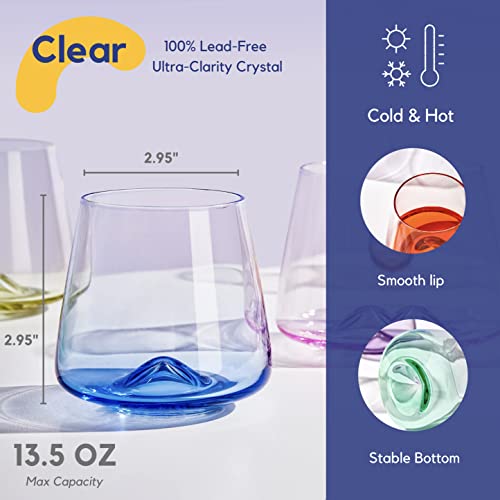 Colovie Wine Glasses Set Of 6,Colored, Stemless,Colorful Short Tumbler,Unique Glass Cups,Versatile Drinking Glasses,Multi-Color,Red White Wine,Cocktail,Gifts For Women,Birthday,Party,13.5Oz #TOP1