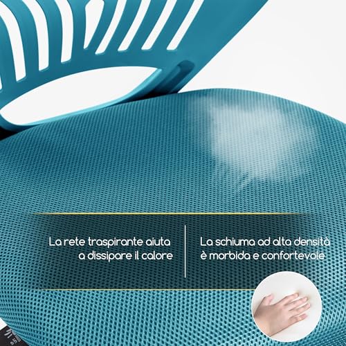 Sedia Ufficio Scrivania Senza Braccioli Girevole a Rotelle Ergonomica Portata 136 kg in Rete Traspirante Altezza Regolabile Turchese - Sedia gaming - Immagine 5