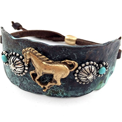 Western Peak Western Hammered Plate Horse Concho Turquoise Brown Leather Cuff Bracelet Patina (Blue)