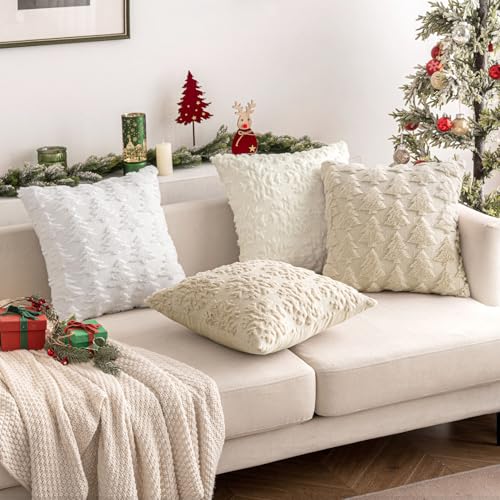 MIULEE Christmas Cushion Covers Pack of 2 Embroidery Fluffy Soft Faux Fur Decorative Throw Pillow Cover Decoration for Sofa Bedroom,18 x 18 Inches,Cute Christmas Tree Pattern,Beign - Image 4