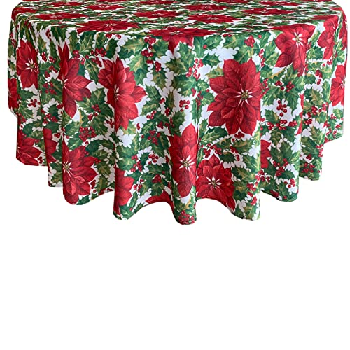 Waverly Big Mistletoe Fabric Christmas Tablecloth - Bold Cottage Poinsettia Holly And Berries Holiday Tablecloth, 70” Round #TOP2