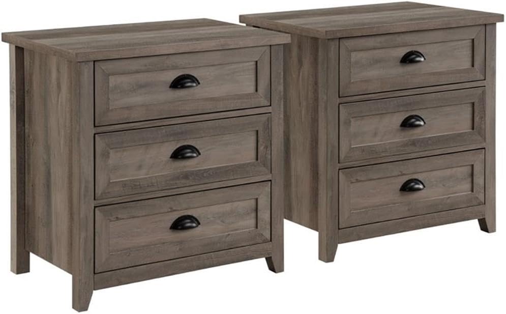 Walker Edison Hazel 2-Piece Modern Farmhouse 3 Drawer Framed Nightstand with Half-Moon Handles Set of 2 White Oak