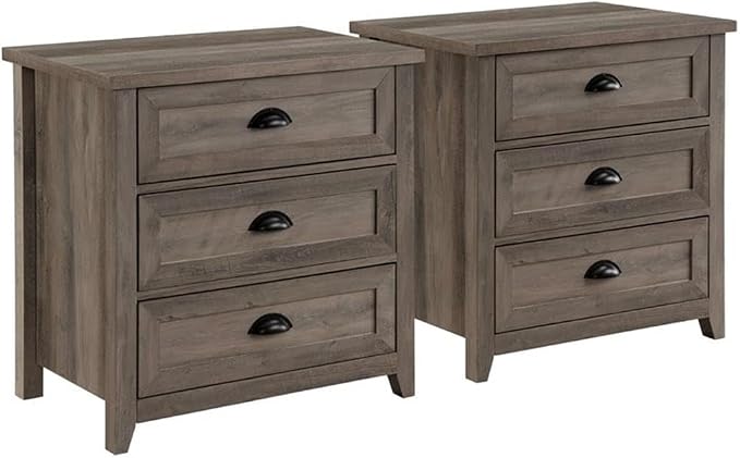 Walker Edison Hazel Nachttisch Mit 3 Schubladen – Farmhouse Stil, 63 Cm Hoch, Grau, Mit Halbmondgriffen