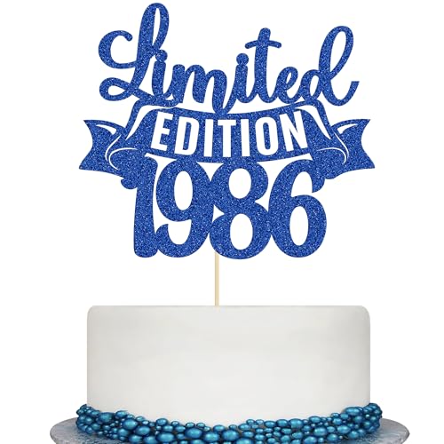 Gyufise 1Pc Limited EDITION 1986 Cake Topper Blue Glitter Happy 40th Birthday Party Cake Decoration Supplies Cheer to 40 Years Cake Bunting Decor for 40th Birthday Party Photo Booth Props