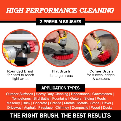 Image of Drillbrush Heavy Duty Stiff Bristle Brush Kit - Power Scrubber Attachment for Concrete, Brick, Siding, Stone, Driveways, Fireplaces, Hard Water Stains, Gravestone & Cemetery Headstone Cleaning Brushes