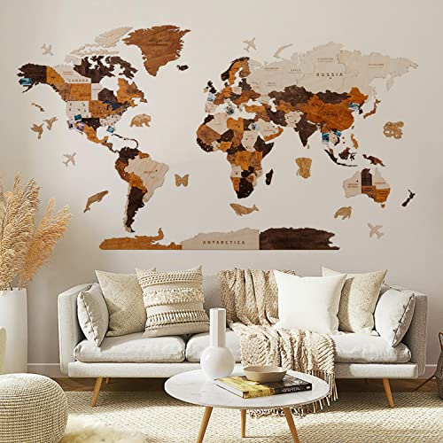 Multilayered Wood World Map Wall Art, Large Wood Art Wall Decor, Mapa Mundi Para Pared, World Maps For Wall Push Pins, Travel Painting, World Traveler Map With Pins, World Wide Map, Mom Gifts (Large) #TOP7