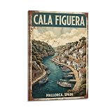 XKUGA Cala Figuera Mallorca - Póster de mapa de viaje vintage de Mallorca España, lienzo decorativo moderno, arte de pared ideal para familia, cueva de hombre, sala de juegos, dormitorio de niños y