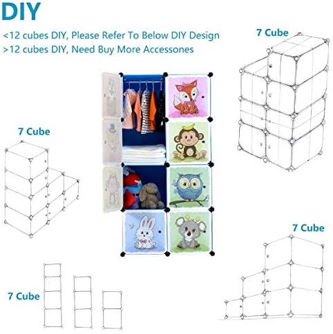BRIAN & DANY Portable Cartoon Clothes Closet Wardrobe DIY Modular Storage Organizer, Sturdy and Safe for Children, 6 Cubes & 1 Hanging Section, Blue, 75 x 47 x 147 cm