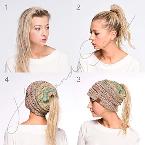 C.C Soft Stretch Cable Knit Messy Bun Ponytail Beanie Winter Hat (MB-816A) (Black Multi(32)) - 5
