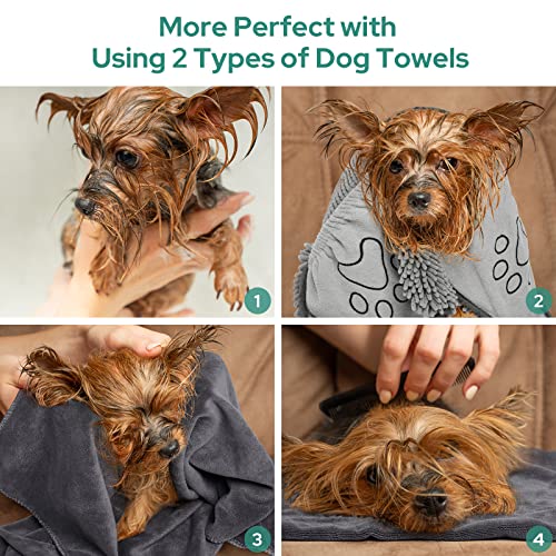 HOMEIDEAS 2 Pack Dog Towels Set, Chenille and Microfiber, Super Absorbent Soft Bath Shammy Towel with Hand Pockets for Pets Drying