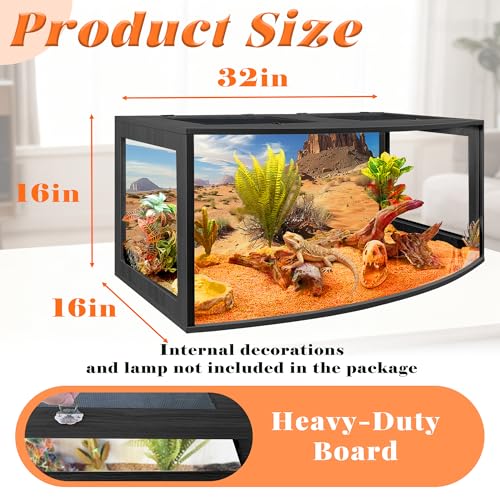 PROLEE Bearded Dragon Tank, Curved Reptile Enclosure with 3-Side Clear Acrylic Panels, Spacious Lizard Tank with Metal Mesh Top and Lockable Door for Reptile Habitat (Black, 32" Length,34 Gallons) by PROLEE - Used condition - Image 3