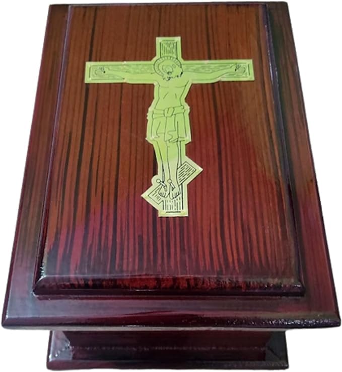 Grande urne funéraire chrétienne motif croix de Jésus boîte pour cendres laiton