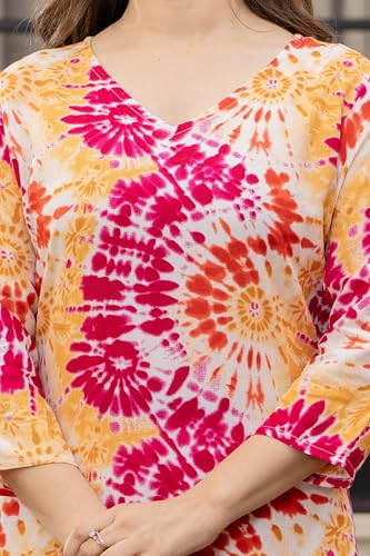 Image of Women's Tie-Dye Printed Kurti, V-Neck, 3 /4 Sleeves, Multicolour, Casual Wear