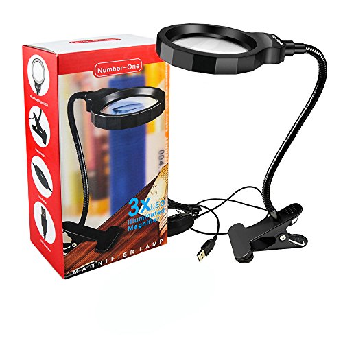 Number-One Magnifying Glass, 3X LED Lighted Magnifying Lamp USB Powered Clip On Optical Glass Magnifier Lens with 2 Light Settings & Metal Clamp for Reading, Hobby, Soldering, Crafts - Thumbnail 7