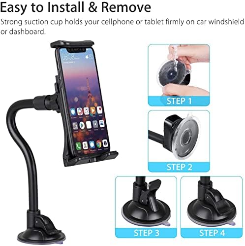 Car Phone Mount Holder, 360° Rotation Car Tablet Holder Long Arm Suction Cup Windshield Window Automobile Phone Mount Cradles for 4-12 Inch Tablet iPad iPhone Samsung Huawei SmartPhone
