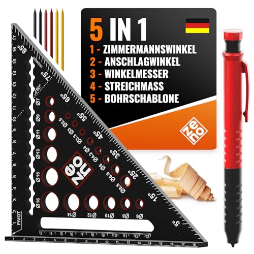ZENO Zimmermannswinkel 180 mm - Bauwinkel - All-in-One Zimmererwerkzeug: Winkel, Winkelmesser, Lineal, Parallelanreißer, Bohrschablone - Profi-Zimmermannsbleistift