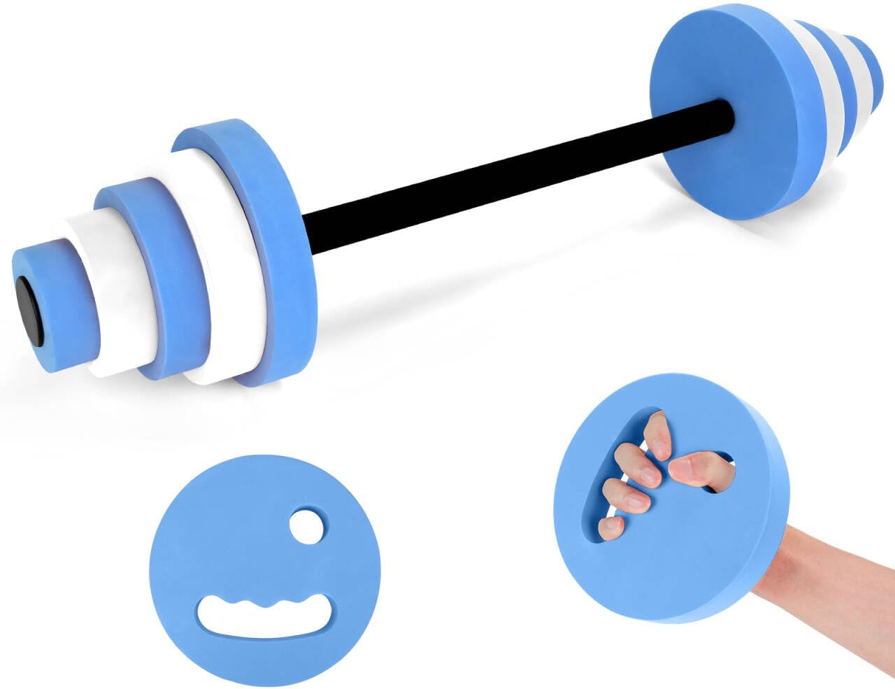 29.3’’Swimming Barbell Pool Dumbbell with Water Exercise Discs High Density EVA Foam Aquatic Exercise Equipment Swim Dumbbell (Blue & White)
