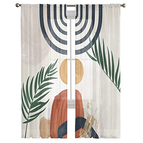 Bohemian Semi Sheer Curtains 63 Inch Length For Living Room,Rod Pocket Light Filtering Sheer Curtains, Abstract Geometric Mid Century Modern Window Treatments Drapes For Bedroom Kitchen Decor,2 Panels #TOP2