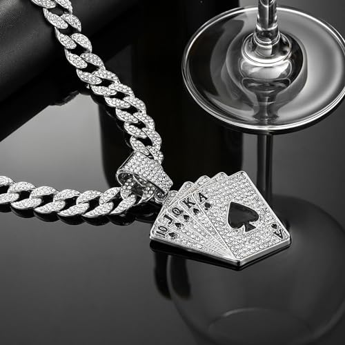 Playing card Hip-hop Cuban Chain, Pendant Miami Cuban Link Chain for Men, Gold/Silver Plated Diamond Necklace, Iced Out Hip Hop Necklace3