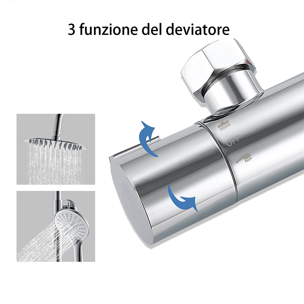 AICAIT Colonne Doccia Termostatiche, Miscelatore Termostatico Doccia con Soffione 25x25cm in Acciaio Inox, e Rubinetto 280x40mm, Altezza Regolabile, 750-1200mm, Cromato Lucido