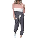 Hnodov Women's Color Block Two Piece Pajamas Set Casual Long Sleeve Sweatshirt with Long Pants Loungewear with Pockets