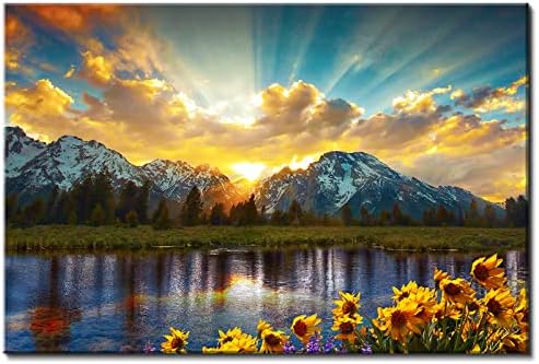Mountain Wall Art for Living Room, Sunflower Landscape Canvas Picture Wall Decor for Kitchen Bedroom Home Decoration 12x16 Sunset Nature Grand Teton National Park Photography Painting Framed Artwork