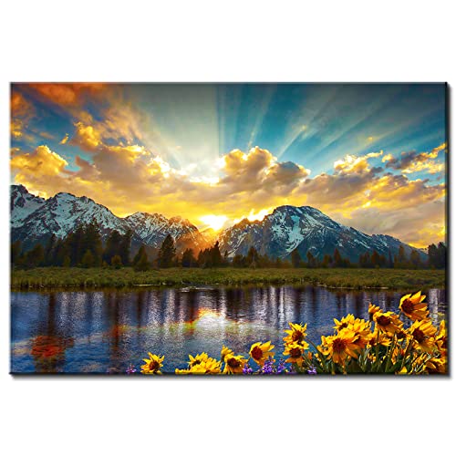Sunset Mountain Wall Art, Grand Teton National Park Landscape Canvas Wall Decor 32x48" Sunflower Pictures Artwork Nature River Scenery Prints Painting Home Decoration for Living Room Bedroom Kitchen by AREBOLO - Used condition - US$78.60