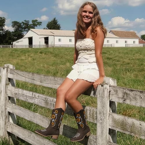 Bybmorto Brown Cowboy Boots for Women - Mid Calf Western Sunflower Cowgirl Boots with Floral Embroidery, Square Toe Stitched Pull On Retro Design, Perfect for Country Idyll, Concerts and More Size 6.5
