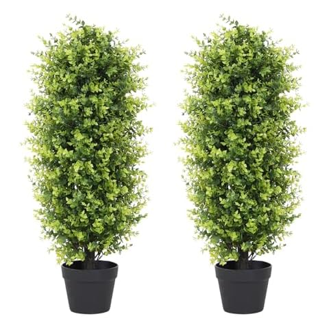 I.C.ELAINE 3ft Boxwood Topiary Trees Artificial Outdoors Set of 2 Pack, Fake Evergreen Plants 36 Inch, Faux Bushes and Shrubs for Planter Front Porch Patio Decor 3 Foot Cover