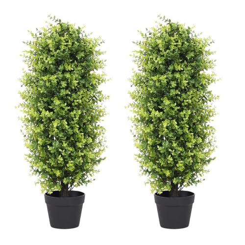 3ft Boxwood Topiary Trees Artificial Outdoors Set of 2 Pack, Fake Evergreen Plants 36 Inch, Faux Bushes and Shrubs for Planter Front Porch Patio Decor 3 Foot Boxwood 3 feet