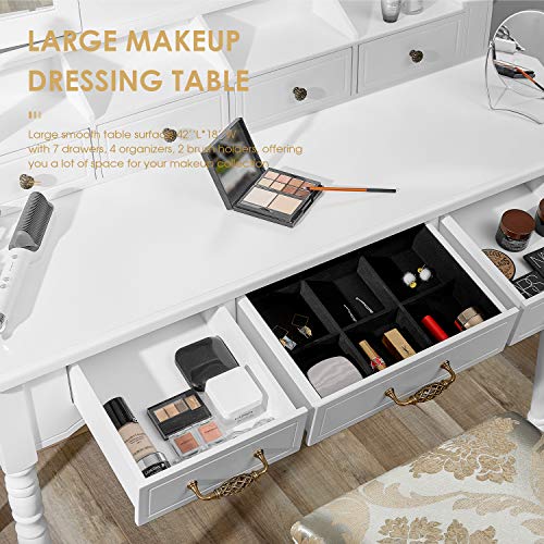 Makeup Vanity Set with Tri-Folding Mirror, 7 Drawers 6 Organizers, Vanity Table with Cushioned Stool Necklace Hooks Behind Bedroom Dressing Table for Girls Women Easy Assembly, White