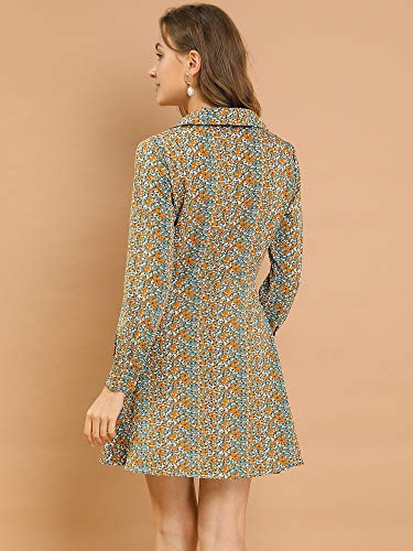 Allegra K Women's Mini Floral Dresses Fit and Flare Long Sleeve Camp Collar Button Down Shirt Dress Medium Blue