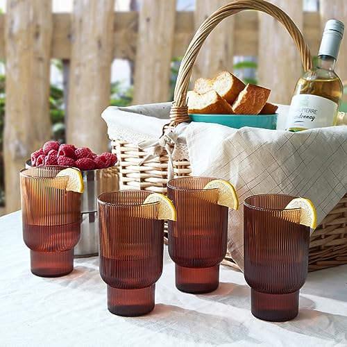 Shatterproof Acrylic Tall Drinking Glasses Set, European Style, Dishwasher Safe, Ribbed | Set of 4 | Fluted Tritan, Unbreakable BPA-free Plastic, Reusable Stackable Glassware 14.5oz - Burnt Orange by Khen - Used condition - Image 4