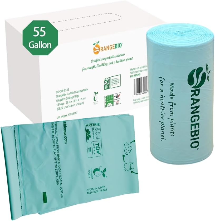 OrangeBio 55 Gallon Compostable Trash Bags, 15 Count, Heavy Duty Garbage Bags for Contractor, Yard Waste & Commercial Food Waste, Plant-Based, BPI ASTM D6400 & TÜV OK Compost Home Certified
