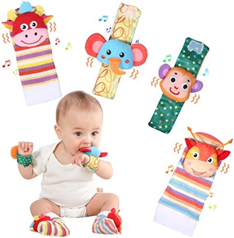 4 Pcs Cute Animal Soft Baby Rattle Socks & Wrist Rattles Set – Baby Einstein Toys Newborn Gift for Baby Boys Girls – Infants Babies Developmental Toys Foot Finder Sensory Set 0-3 3-6 6 to 12 Months