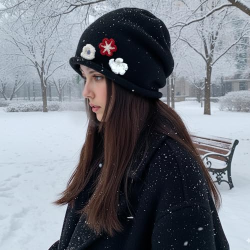FYting Mütze Damen,Damenmützen,Hüte, Mützen & Caps für Damen,Hut Winter Schwarz,Weicher und Bequemer Warmer Gestrickter Hut, Modische Lockige Kanten, für Den Winter, Weihnachten (Schwarz)