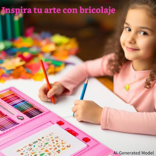 Miniatura 7 de Maletin Pinturas Para Niños, Kinspory 228 Piezas Juegos De Dibujo, Acuarelas , Lapices, Caballete Rosa