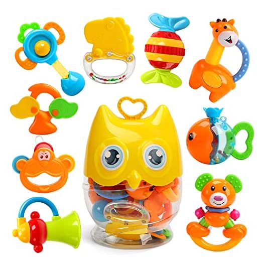 CUTE STONE Baby Rattles Toys Set, Babies Teethers Toys for Baby 3-12 Months, Early Development Learning Toy with Grasp, Spin Rattle Set and Storage Box, Newborn Infant Birthday Gifts for Girls & Boys