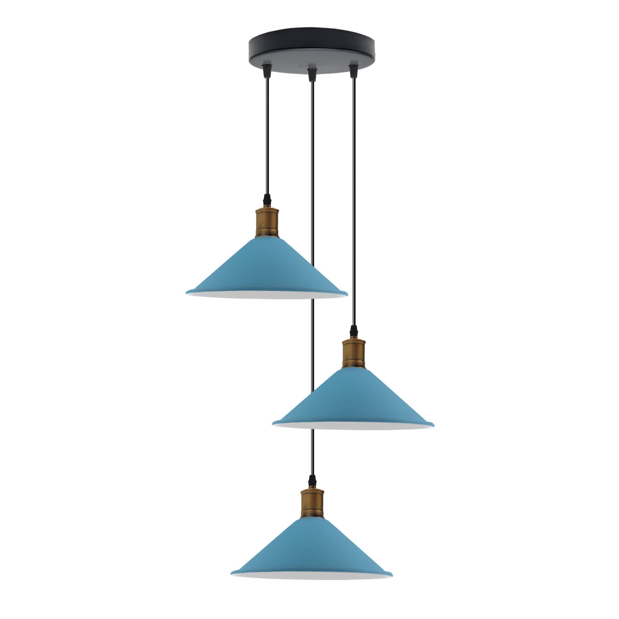 LEDSone Vintage Industrial 3 way Pendant Retro Ceiling Light Cone Shade Lighting E27 Edison Pendant Lightings For Kitchen Home Office Bar Lighting, Restaurant Lighting (Blue)