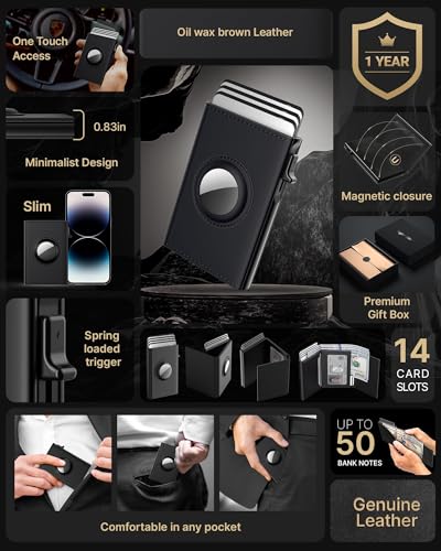Image of Mens Pop Up Wallet for AirTag: Premium Genuine Leather, RFID Blocking, Smart, Minimalist, 9-14 Card Capacity, ID Window, Cash Slot (Black2)