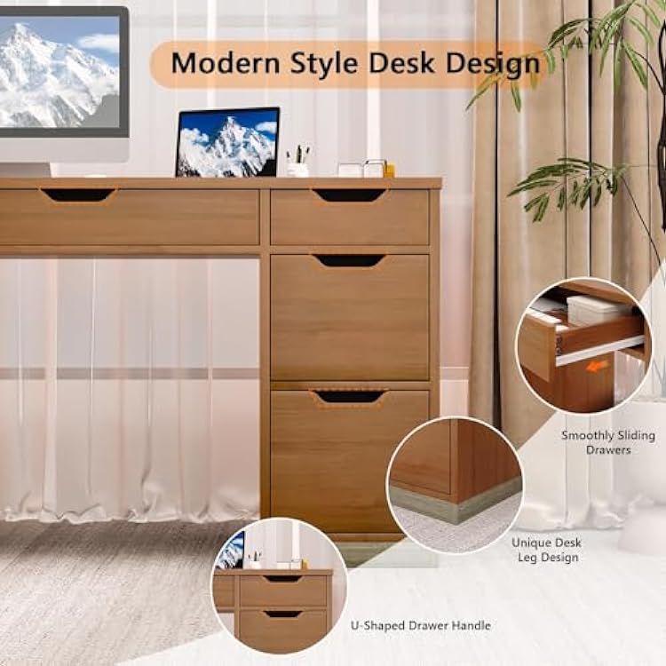 MaverickFurni 54 Inch Executive Desk with Storage Drawers, Wood Computer Desk with 7 Drawers and File Cabinet for Home Office, Bedroom, Workspace for Work Study Writing, Brown