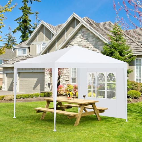 Image of HOTEEL 10'x10' Canopy Party Tent with 2 Removable Sidewalls, Waterproof Outdoor Shelter for Camping, Patio, Weddings & Events, Portable White Gazebo