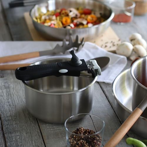 MENASTYL - Lot de 3 casseroles inox 18/10 amovibles Iris Inox sans PFAS - Tous feux dont induction, four, réfrigérateur et lave-vaisselle - Empilables et résistantes - Poignée double sécurité – vue 3